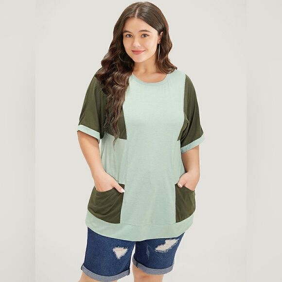Bloomchick Two Tone Dolman Sleeve Patched Pocket T-Shirt 22-24 - Picture 1 of 10